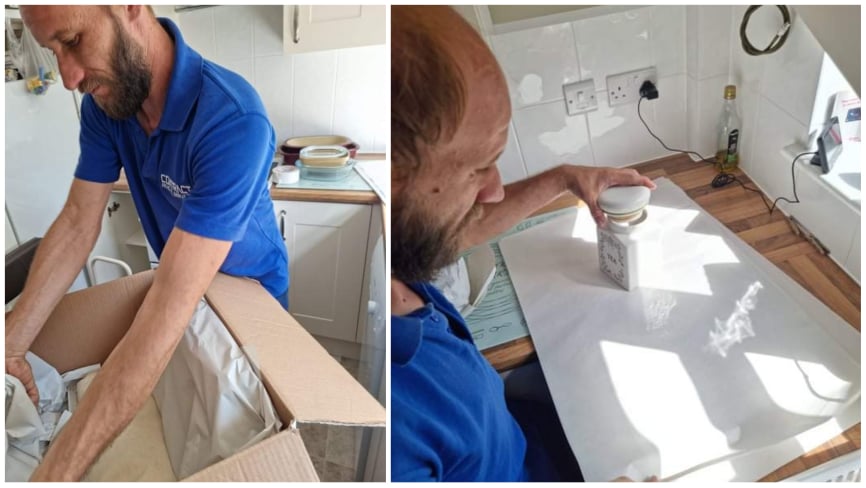 Martin carefully packing some fragile items on a removal into sheltered accommodation in Norwich.