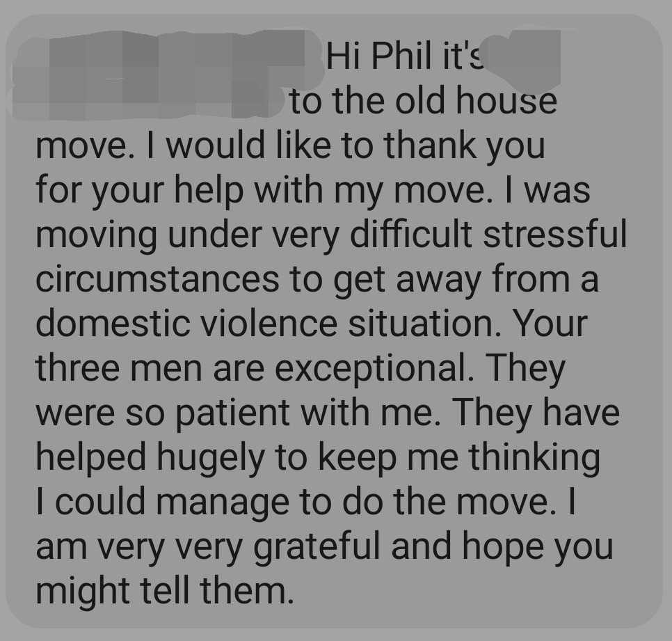 A text review from a lovely customer after her removal
